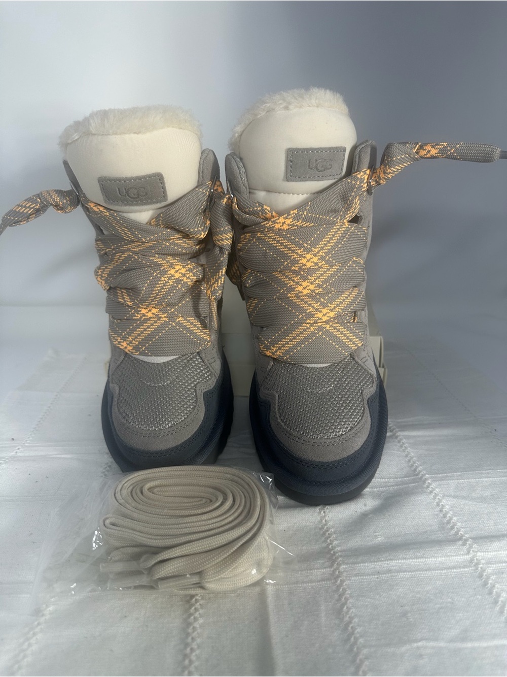 UGG Gray & Cream Plaid Lace-Up Snow Boots